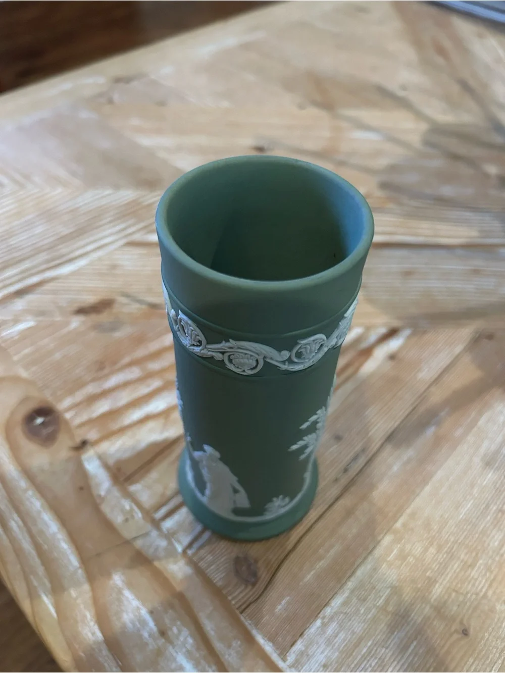 Wedgwood Green and White Jasperware-Style Cylindrical Vase